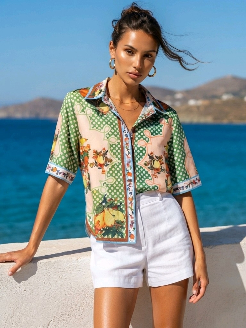 Womens Limonis Dolce Sicily Positano Printed Short-Sleeve Button Shirt